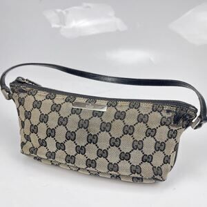GUCCI GG Canvas Black Accessory Clutch Hobo Bag Handbag Leather